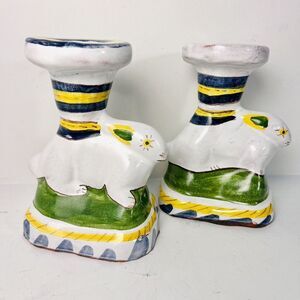 Portugal Pottery Hand‎ Painted Bunny Rabbit Candle Candlesticks Folk Art
